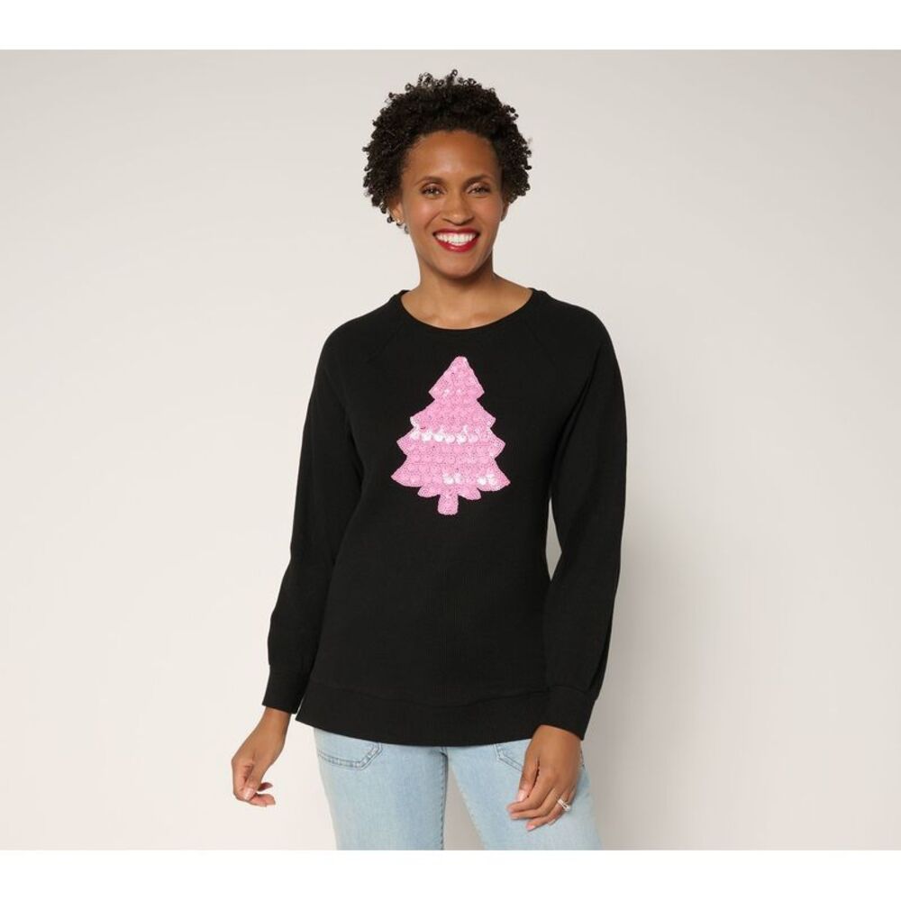 Quacker Factory Women's Top Plus Sz 2X Dreaming of a Christmas Black